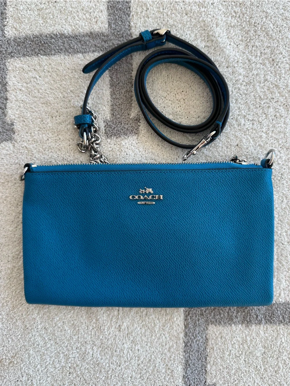 Coach Teal Pebbled Leather Crossbody Clutch with Chain Strap